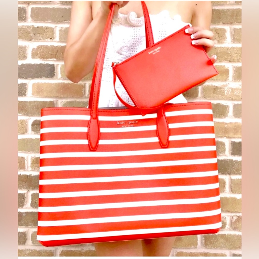 kate spade 2 Pc Tote & Wristlet orange & white striped XL NWOT